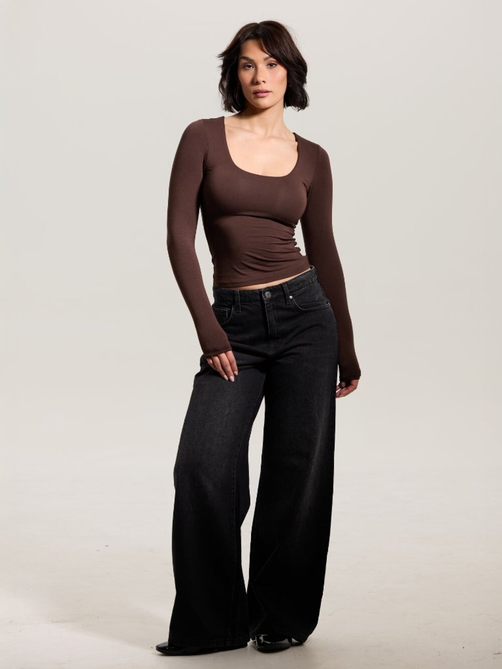 Klassy Scoop Neck Braless Long Sleeve Top Brown S